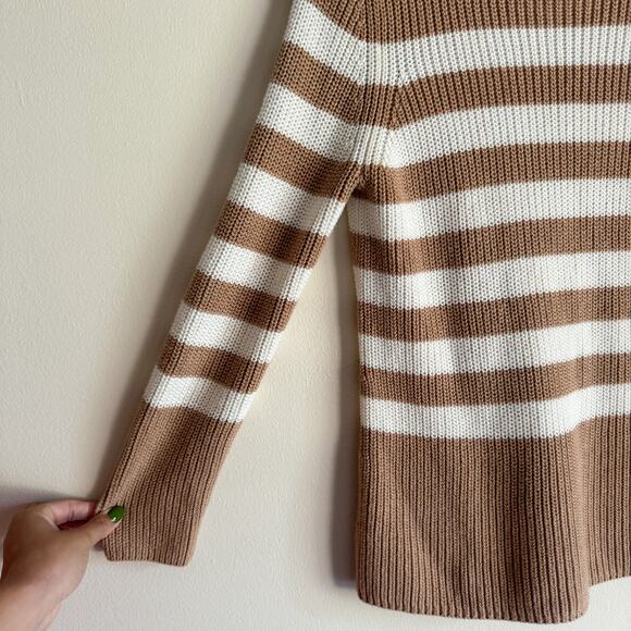 Talbots Tan + Cream Striped Mock Neck Knit Sweater - Medium Petite - Picture 2 of 6